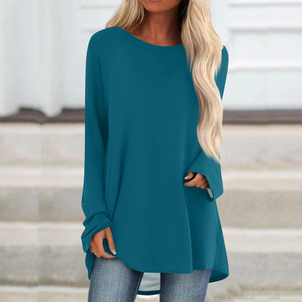 Women's Fashionable Loose Mid-length Round Neck Pullover Solid Color Raglan Sleeves Long-sleeved Casual Top