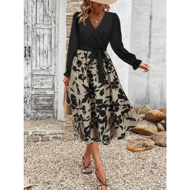Весенне-осеннее женское платье трапециевидной формы с v-образным вырезом и длинным рукавом с принтом