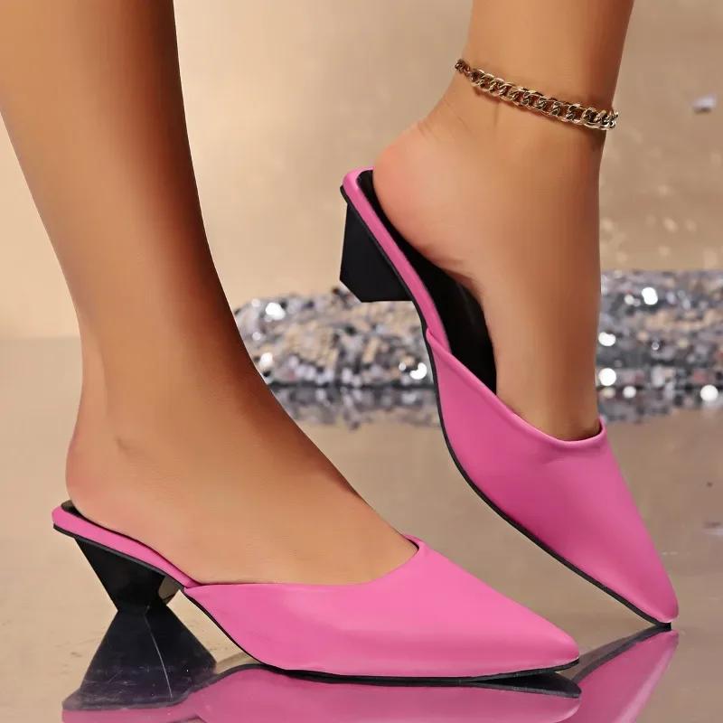 Sexy Leopard Slippers Pointed Toe Women Shoes Mid Heels Chunky Sandals 2024 Summer New Flip Flops Fashion Slides