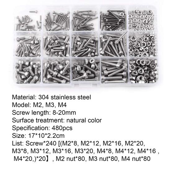 Hex Stainless Steel 480pcs M2m3m4 Socket Round Head Cap Bolts Screws Nuts Kit With Storage Box For Repairing