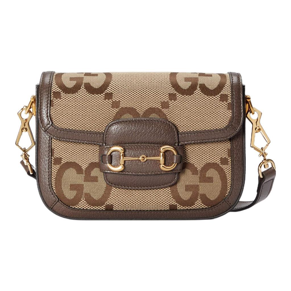 Gucci Сумка на плечо Horsebit 1955 Jumbo GG Mini Бежево-коричневая Канва с отделкой Ремень-лента Через плечо Сумка для женщин Ежедневная 658574-UKMDG-2570