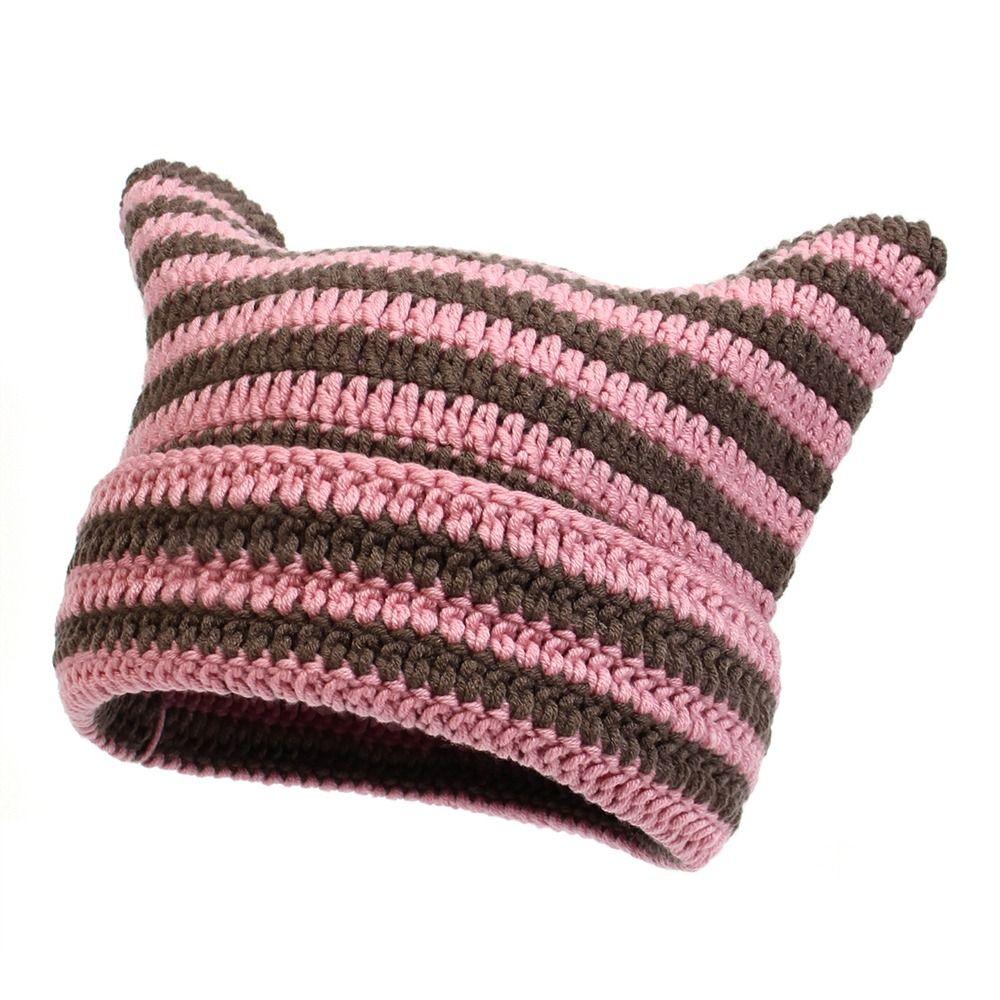 Y2K Harajuku Ins Little Devil Striped Hat Keep Warm Skullies Cap Casual Knitted Wool Cap  Women