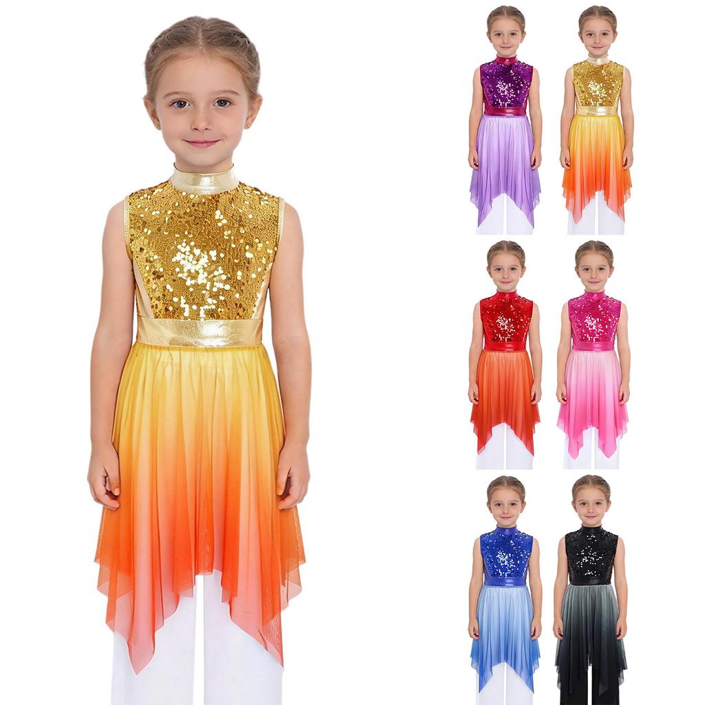 Girls Worship Praise Dance Tunic Dresses Mock Neck Sleeveless Asymmetrical Hem Shiny Sequins Bodice Dress Contemporary Dancewear
