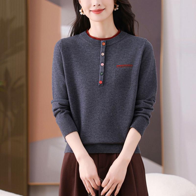 Женский вязаный свитер с круглым вырезом, дизайн с цветовыми блоками, Осень Зима, Новый, Элегантный, Модный, С длинным рукавом, Универсальный топ-пуловер