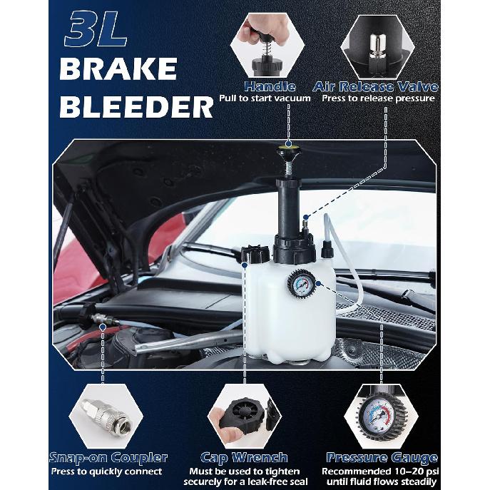 Набор для прокачки тормозов 3 л с бутылкой для сбора 1 л, Инструмент для прокачки тормозов под давлением, Ручной насос для прокачки тормозов для полной замены тормозной жидкости и жидкости сцепления, Улучшенный