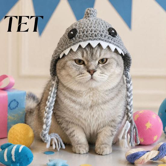 Креативные аксессуары для нарядов питомцев, Смешная шапка-акула для кошки, Вязаная крючком шапка с косичками, Ремешки для Хэллоуина, Мягкая милая вязаная шапка для кошек и маленьких собак