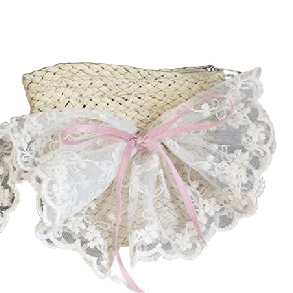 Soft Sweet Bowknot Straw Sun Hat Ribbon Lace Brim Girls Bucket Hat Korean Style Breathable Woven Handbag Girls