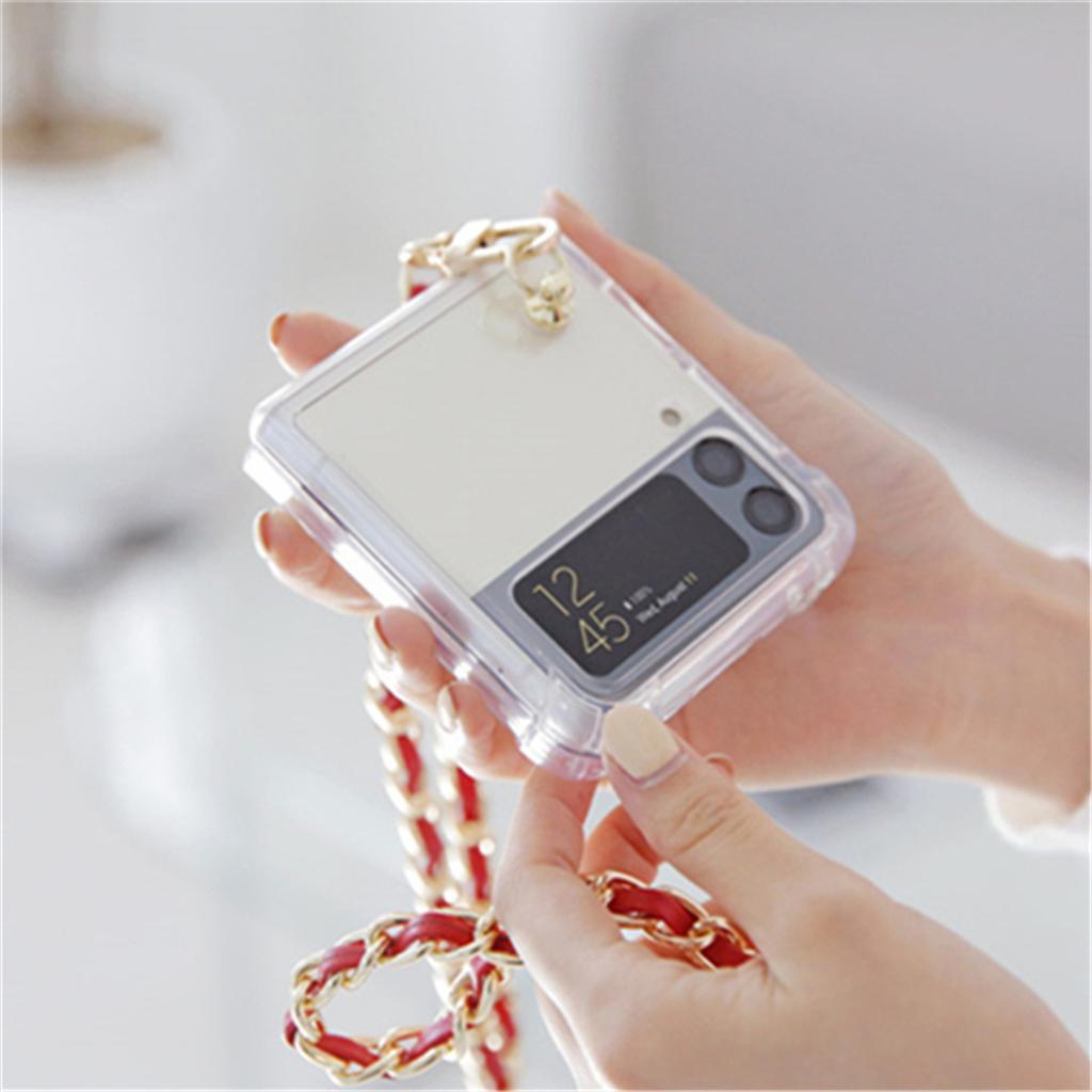 Korean Crossbody Lanyard Necklace Leather Chain Phone Case For Samsung Galaxy Z Flip 4 5g Z Flip3 Zflip Shockproof Cover