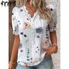 Women's Fashion Casual Summer Flower Pattern Print Short Sleeve V-Neck Blouses & Shirts