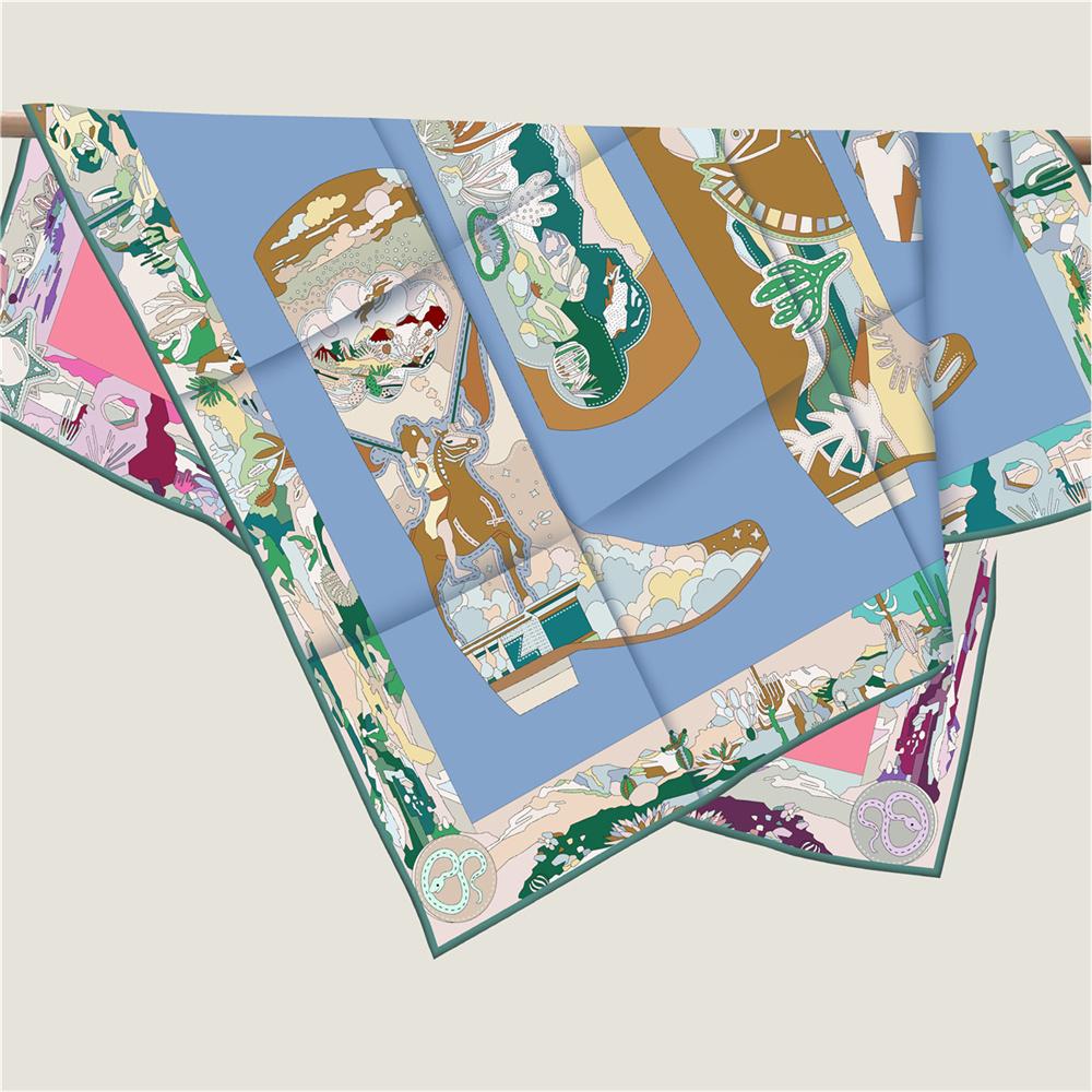 POBING Curled Twill Silk Scarf Women Leather Boots Double Side Printed Square Scarves Wraps Echarpes Foulards Femme Hijab 90CM