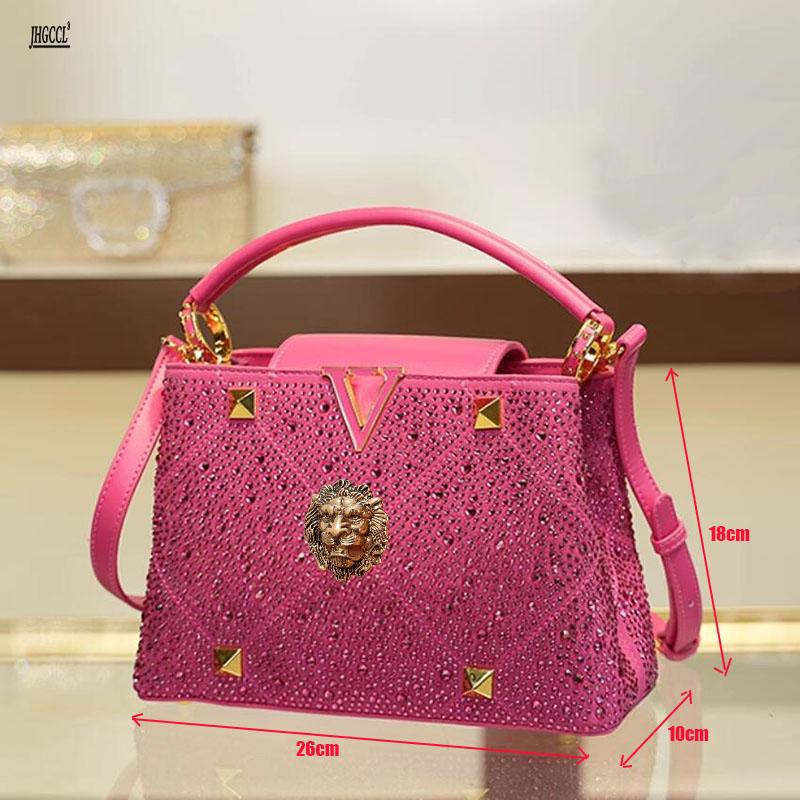 Модные женские шлепанцы высокого класса с бриллиантами, розово-красные, с открытым носком и задником, крутые шлепанцы с львиной головой, шлепанцы со стразами, набор с цепочкой-сумкой B9