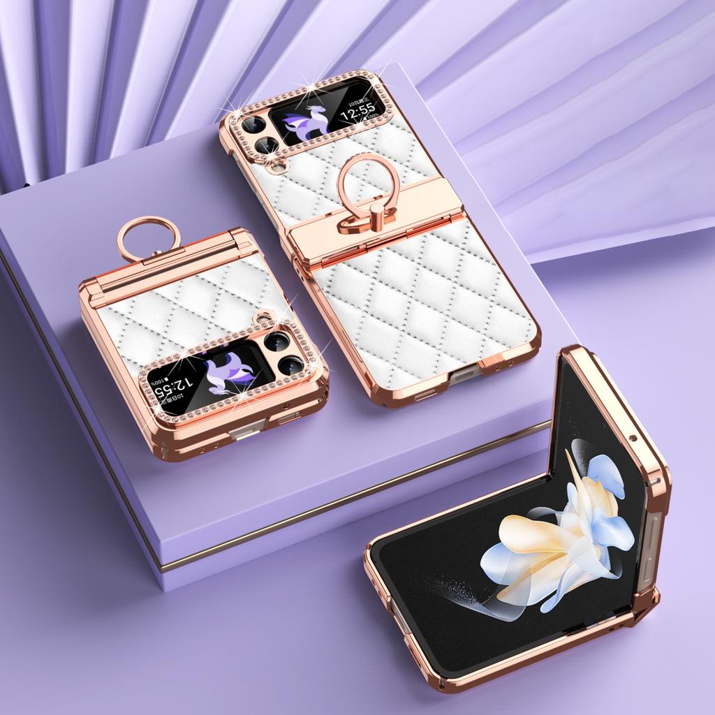 RENGZ Diamond Plating Leather Hinge Protection Case For Samsung Galaxy Z Flip 6 5 4 3 Folding Ring Holder Cover for Flip5 Flip4