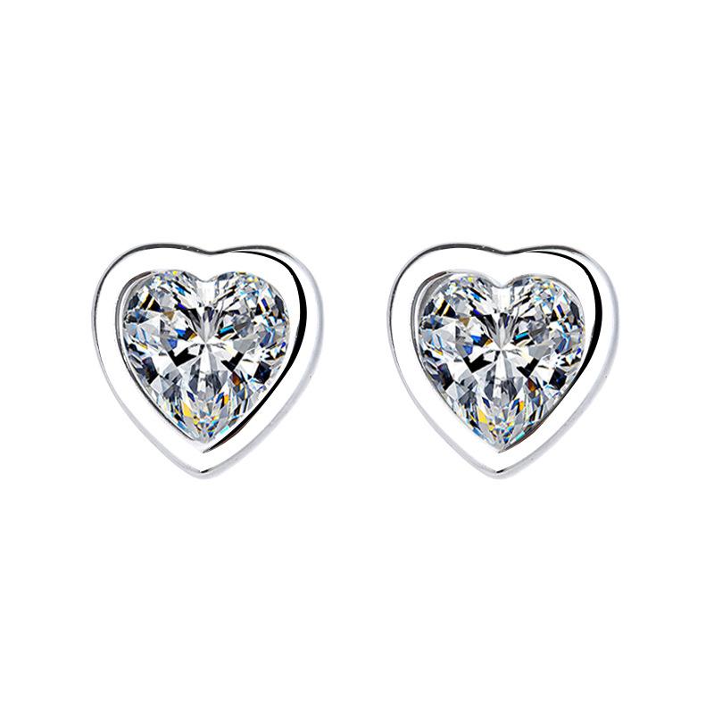 S925 Sterling Silver Earrings Korean Style Simple Love Heart Stud Earrings Diamond Heart-Shaped Earrings Silver Accessories