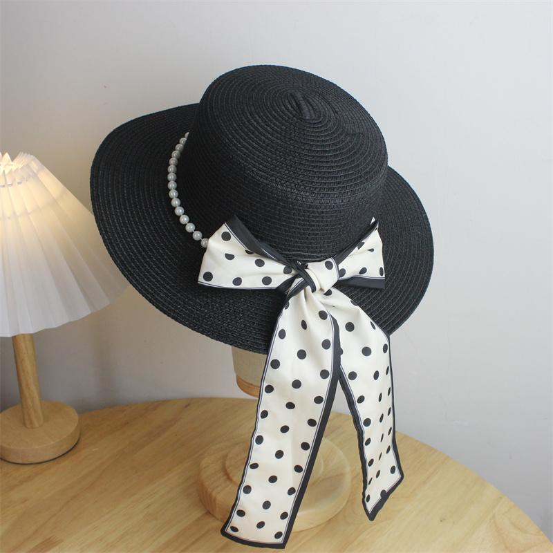 Straw Hat Summer Sun Hat Elegant Polka Dot Streamer Pearl Flat Top Hat Travel Small Fresh Sun Hat