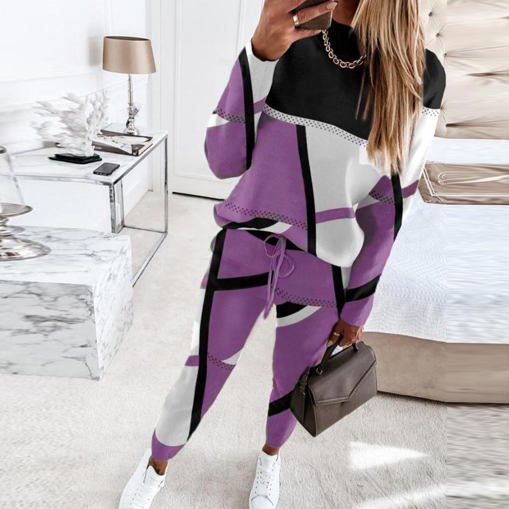 Women's Fashion Casual Solid Color Printed Tops Pants Suit