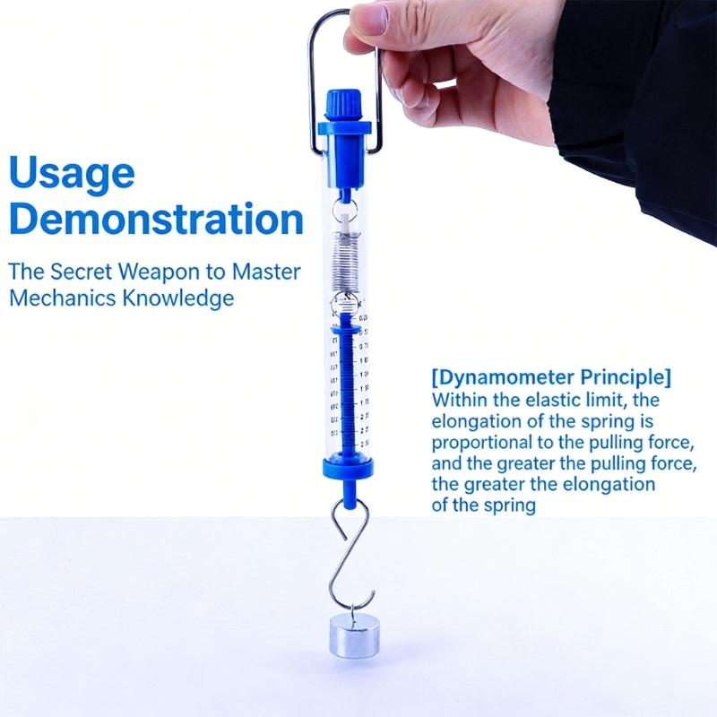 1 Н 2,5 Н 5 Н 10 Н 20 Н 30 Н Пластиковый и металлический динамометр для школьной лаборатории Ярко-синего цвета С креплением-крючком