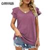 Летняя женская футболка, однотонная двухслойная свободная футболка с v-образным вырезом, топы с рюшами на рукавах