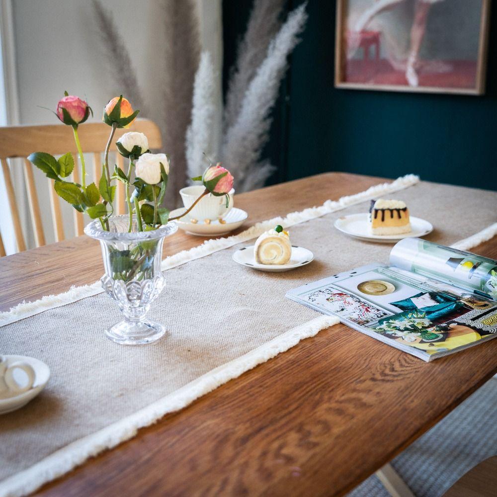 Джутовая скатерть-дорожка с кисточками, натуральные материалы, скатерть, настольный флаг, покрытие для стола, декор для стола