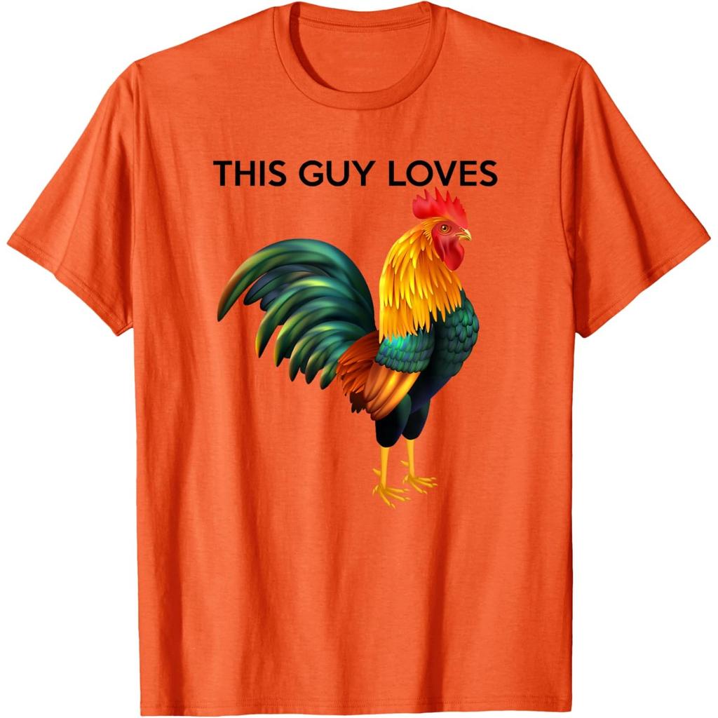 Funny Rooster Graphic Tee This Guy Loves Chicken Print Casual Cotton T-Shirt