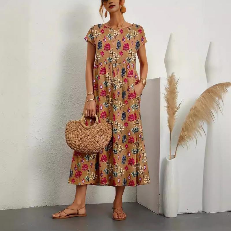 Новая мода Свободное хлопково-льняное платье Женское летнее платье с коротким рукавом и круглым вырезом с принтом Женские элегантные винтажные повседневные платья Lady 24195