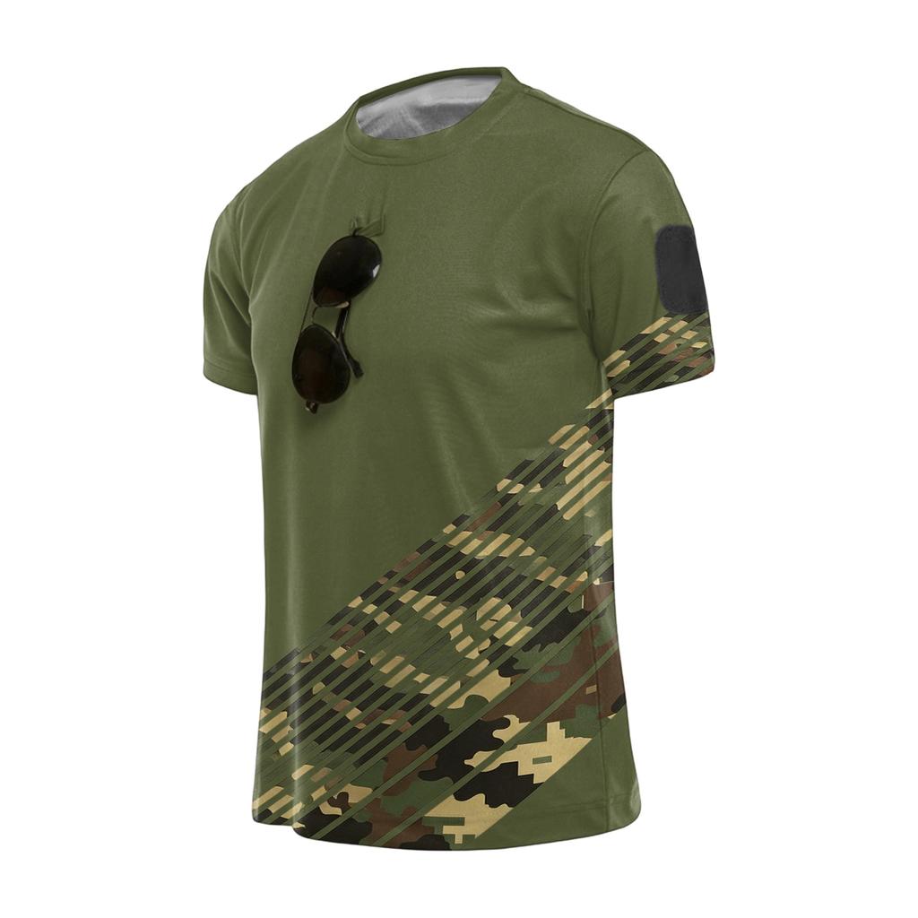 Men Tactical Crew Neck Loose Fit Breathable Outdoor Quick Dry T Shirt with Camouflage Print and Hook Loop Patch Design