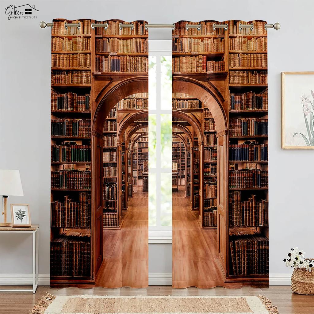 Ретро книжный шкаф 3D-печать Шторы Спальня Гостиная Кухонная зона Кабинет Карман для шторной палки Машинная стирка Комплект из 2 штук