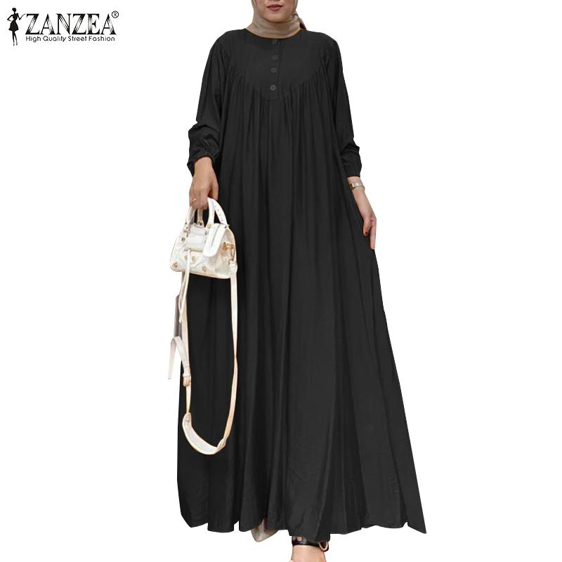 ZANZEA Женское повседневное свободное платье макси с длинным рукавом и круглым вырезом
