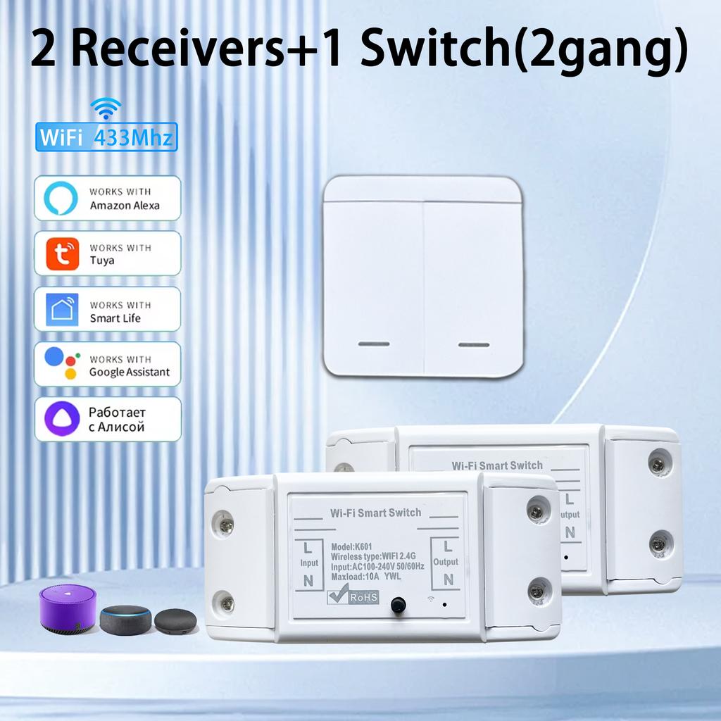 10A Tuya WiFi Smart Switch 433MHz Relay Breaker Smart Home Wireless Control Switch 1/2/3 Gang Wireless Wall Switch Voice Control