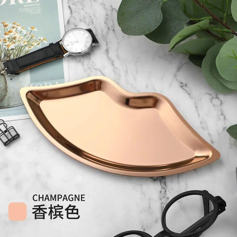 Korean Style Ins Style Stainless Steel Lip Shaped Jewelry Tray Home Cosmetics Metal Tray Female Jewelry Storage Tray Decorative