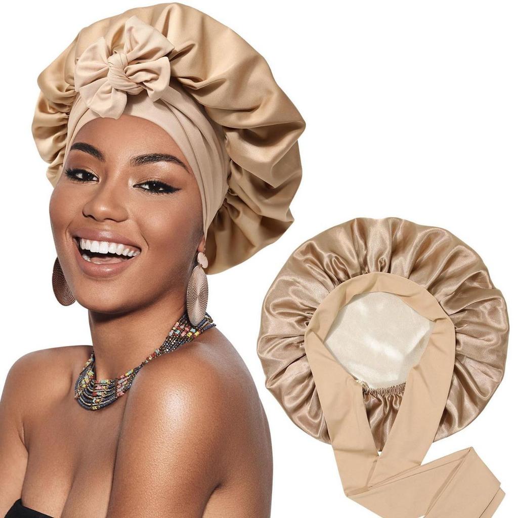 Women's Reversible Double-Layer Satin Nightcap with Ribbon - High Elasticity Round Hat for Hair Protection