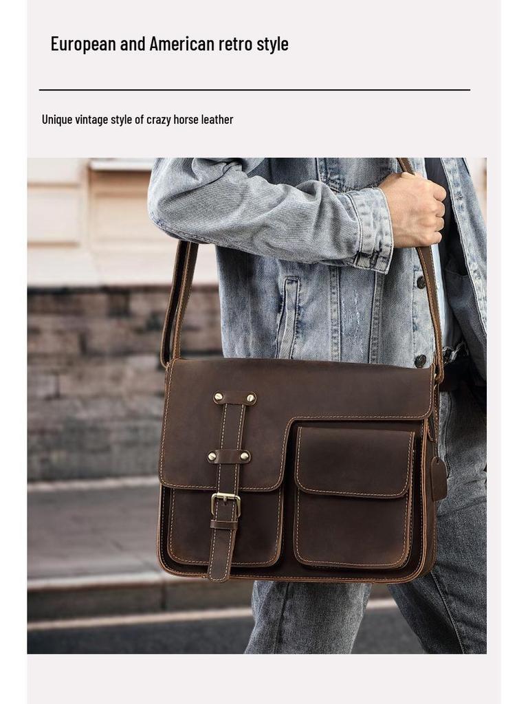 Men's Crazy Horse Leather Crossbody Bag - Genuine Leather Messenger & Multifunctional Computer Briefcase