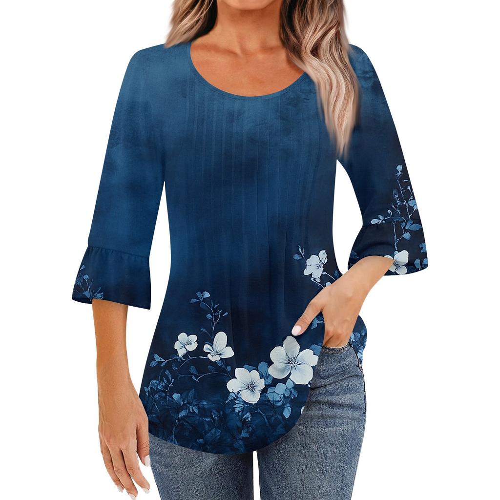 Женская модная повседневная плиссированная футболка с круглым вырезом и цветочным принтом, рукав три четверти
