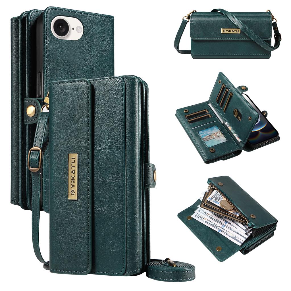 For iPhone 16e Case YIKATU YK-008 Zipper Wallet Leather Phone Cover with Shoulder Strap