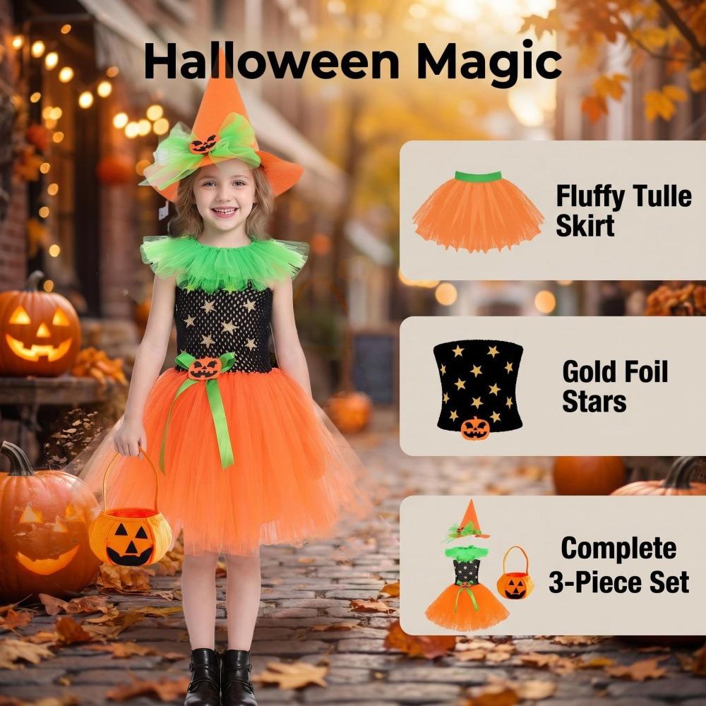 Girls Halloween Witch Costume Dress Set with Tulle Skirt Pumpkin Waist Decoration and Matching Witch Hat and Pumpkin Basket for Party and Performance