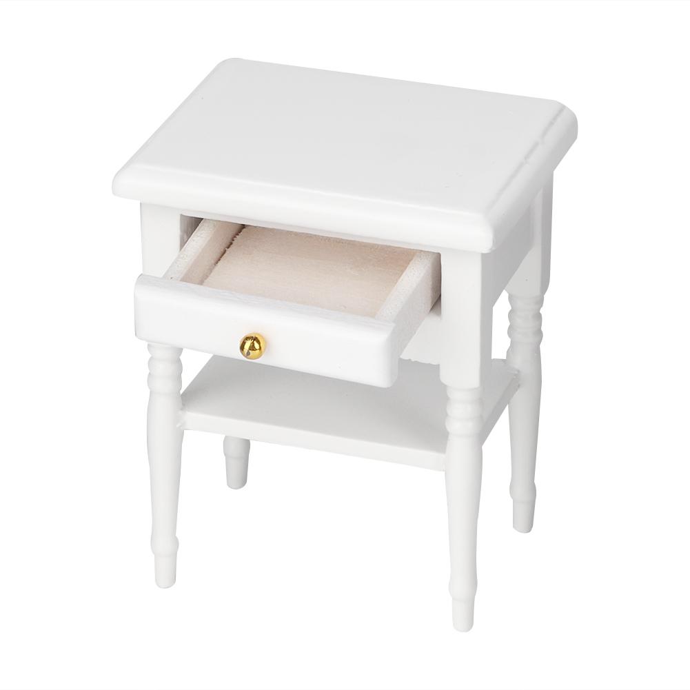 1:12 White Mini Bedroom Furnishing Articles Wooden Bedside Table Model