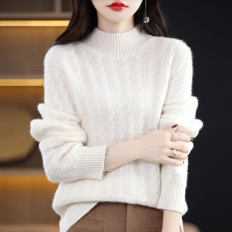 Вязаный свитер с полувысоким воротником для женщин, однотонный, свободный, пуловер для осени и зимы, теплый свитер для женщин