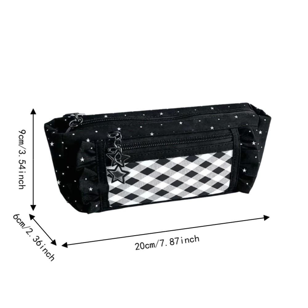 Canvas Star Checkered Pattern Pen Bag Large Capacity Stationery Organizer Pencil Pouch Students