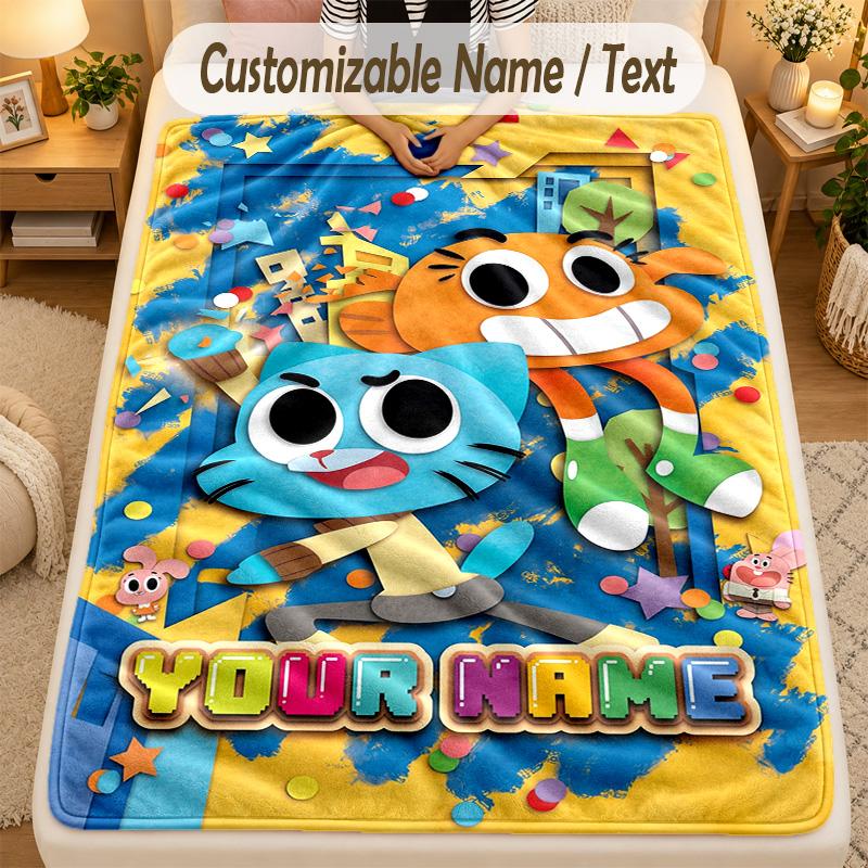Flannel BlanketAmazing World of Gumball Custom Name Text Personalized Soft Warm Throw Blanket Home Decor Gift