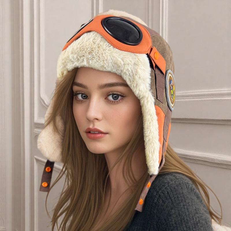 Retro pilot hat women's winter warm Lei Feng hat men's imitation rabbit fur windproof ear protection cycling hat
