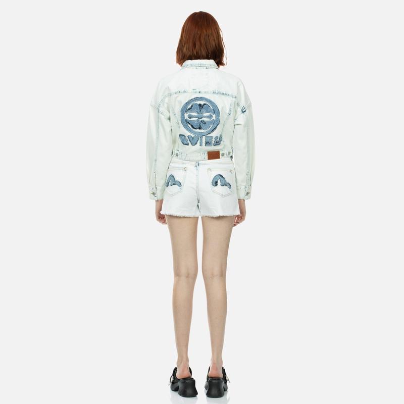 Evisu SS24 Модная джинсовая куртка с цветочным принтом и нашивкой с логотипом для женщин, джинсово-синяя 2ESHTW4DJ4056FFDN