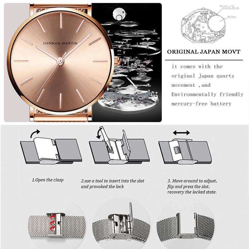 Hannah Martin Женские кварцевые часы-браслет, Япония, лучший люксовый бренд, женские модные повседневные часы для женских наручных часов