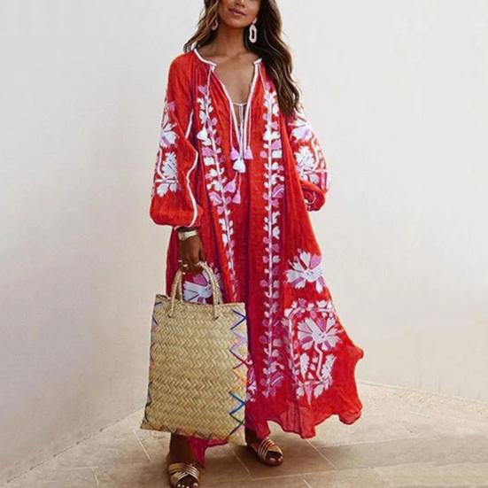 Summer Women Dress Deep V Neck Tassel Long Sleeve Retro Bohemian Style Oversized A-line Flowy Hem Floral Print Vacation Beach Maxi Dress
