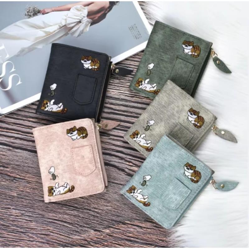 Fashion Cowboy Style Wallet Cat Embroidery Pattern Large Capacity Buckle Phone Pocket Bag Coin Purses for Women Men