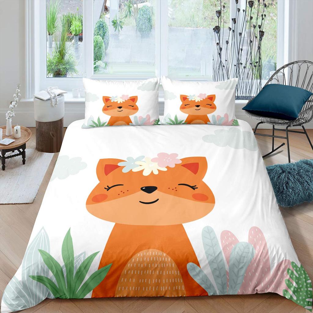 Пододеяльник Fox King Queen Kawaii Мультяшный Семейство лис Постельное белье для детей Милый Оранжевый Дикое животное 2/3 предмета Полиэстер Пододеяльник