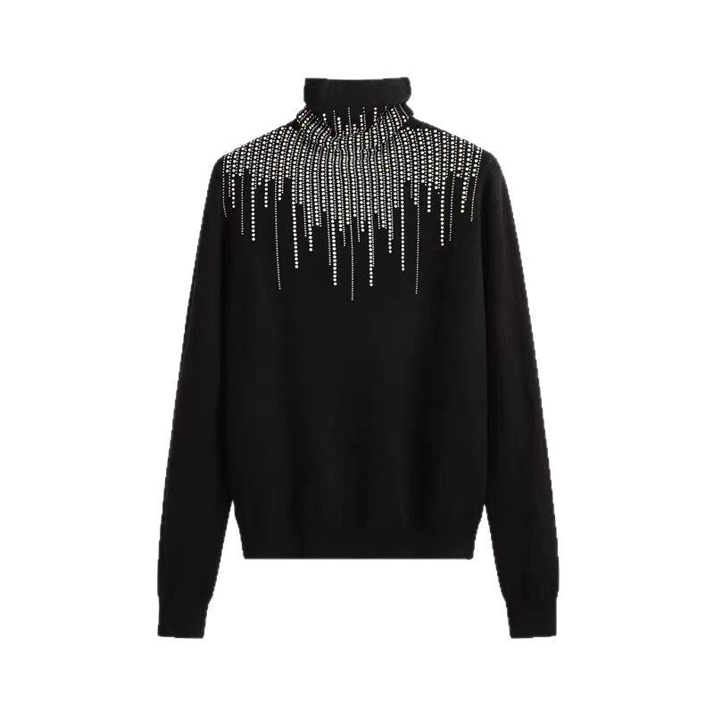 Худи большого размера с бархатом и стразами, с высоким воротником, для женщин - Осень/Зима, свободный крой, скрывает недостатки, Топ