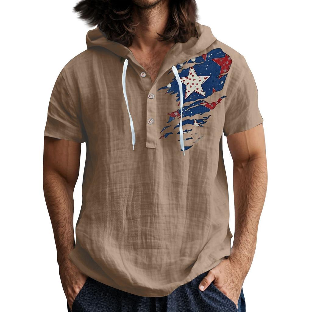 Мужская повседневная футболка с короткими рукавами, капюшоном и открытым воротом на пуговицах