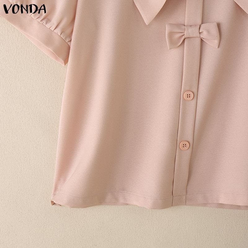 VONDA Женская блузка с лацканами, короткими рукавами, пуговицами, бантом, повседневная, укороченная