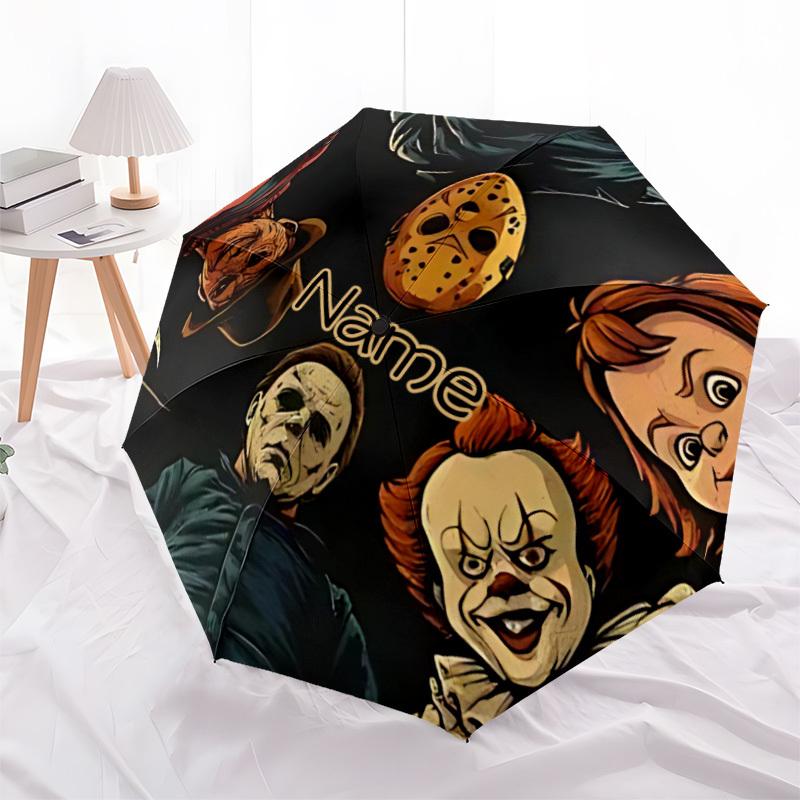 1PC Horror Icons - Custom Name Automatic Folding Umbrella - Compact 8-Rib Design, Durable Plastic & Iron, Daily Use S0106050