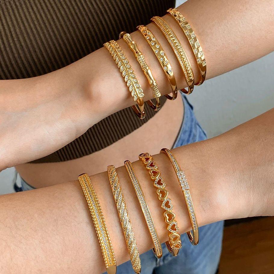 Flashbuy Gold Color Chic Inlaid Zircon Copper Bangle Bracelet For Women Statement New Design Temperament Wrist Fashion Zircon