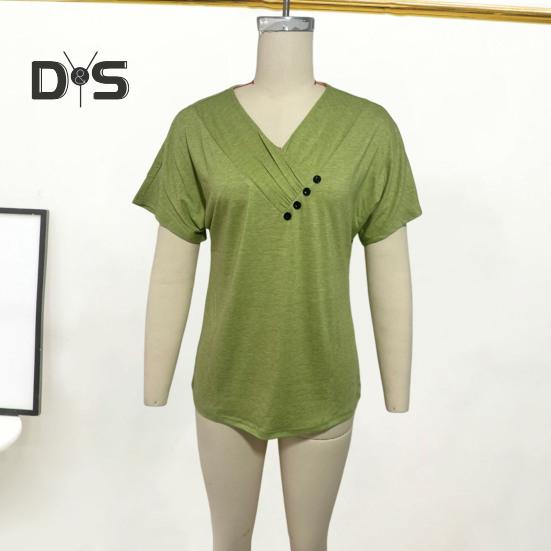 Женская футболка с V-образным вырезом, коротким рукавом, свободный крой, пуговицы, декор, однотонный пуловер, топы, повседневная одежда